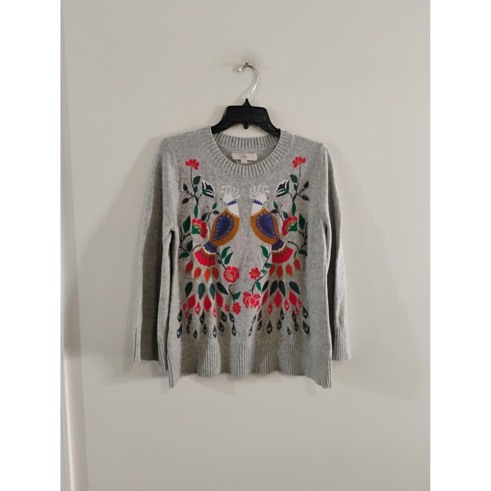 LOFT Womens Gray Embroidered Peacock Floral Crewneck Knit Sweater Size M